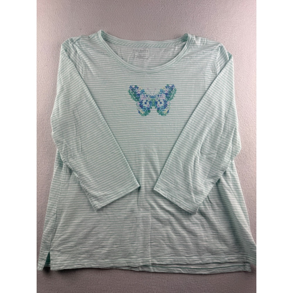 Talbots Petite XLp Mint Green Striped Butterfly Graphic 3/4 Sleeve Scoop Neck